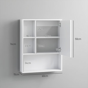 Armoire murale miroir salle de bain porte étagère 3 niches 60 x 15 x 76 cm blanc