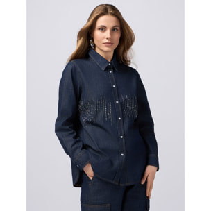 Oltre - Camisa vaquera con micro cristales - Azul