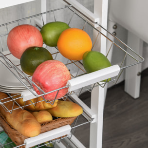 Desserte chariot de cuisine sur roulettes - 4 paniers coulissants, tiroir, plateau - bois blanc MDF bois clair