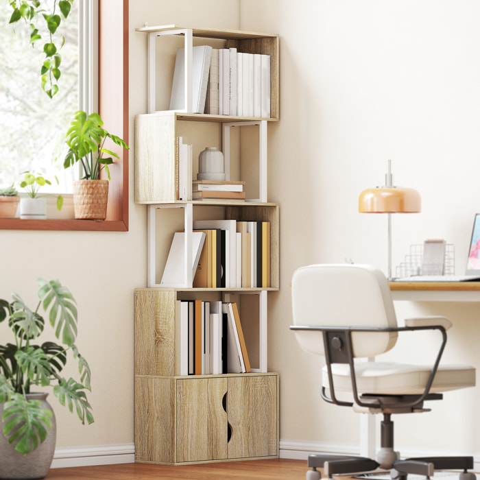 Bibliothèque design zig zag - 4 étagères, 2 portes - effet bois acier naturel
