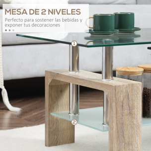 HOMCOM Mesa de Centro Rectangular Mesa Auxiliar de Salón con 2 Estantes de Vidrio Templado Marco de Acero Inoxidable y Patas de Madera Estilo Moderno 90x50x42 cm Natural