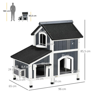 Caseta para Gatos de Madera con Macetero 96x65x85,5 cm Casa para Gatos Refugio para Gatos de 2 Niveles con Techo Asfáltico Ventana y Múltiples Entradas Gris