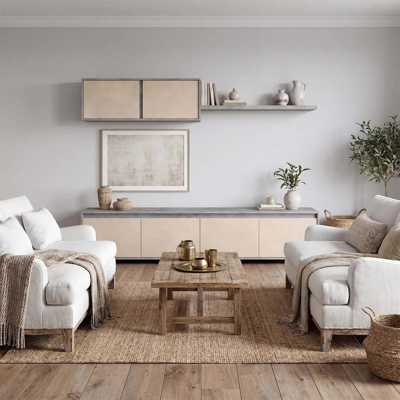Salón con mueble de TV y estantería en gris cemento y efecto microcemento beige 200 cm Arlet Gris Cemento - Microcemento Beige