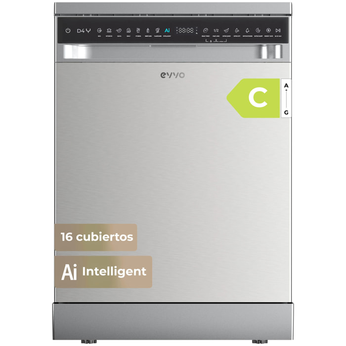 Lavavajillas EVVO D4YX, 16 Cubiertos, Libre Instalación, 8 Programas, Extra Silent, Inox
