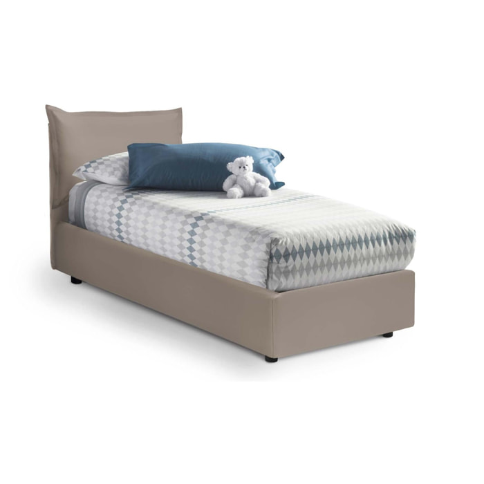 Letto singolo Marianna, Letto contenitore con rivestimento in ecopelle, 100% Made in Italy, Apertura laterale, con materasso Cm 80x190 incluso, Tortora