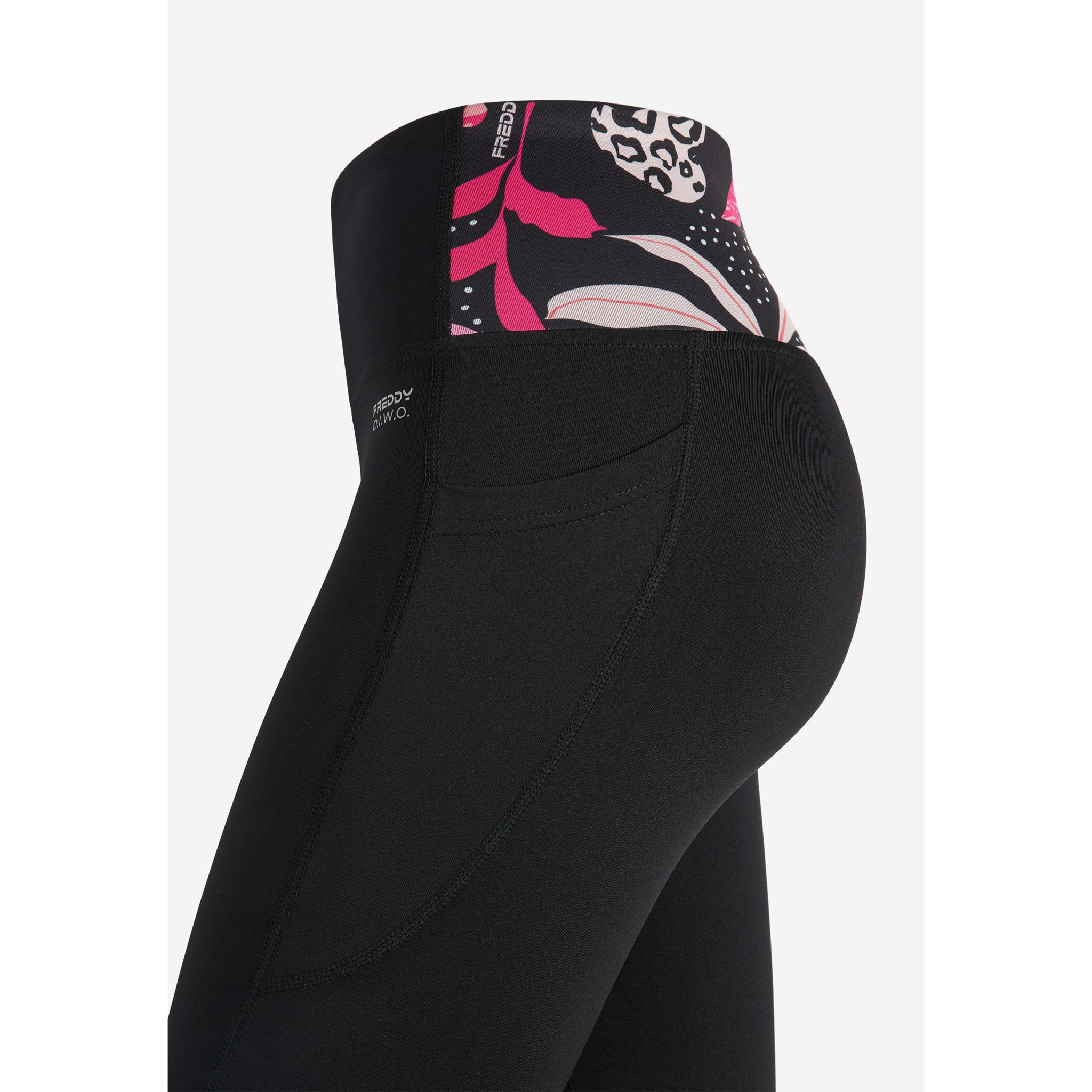 Leggings corsaro vita alta con inserti stampa tropicale