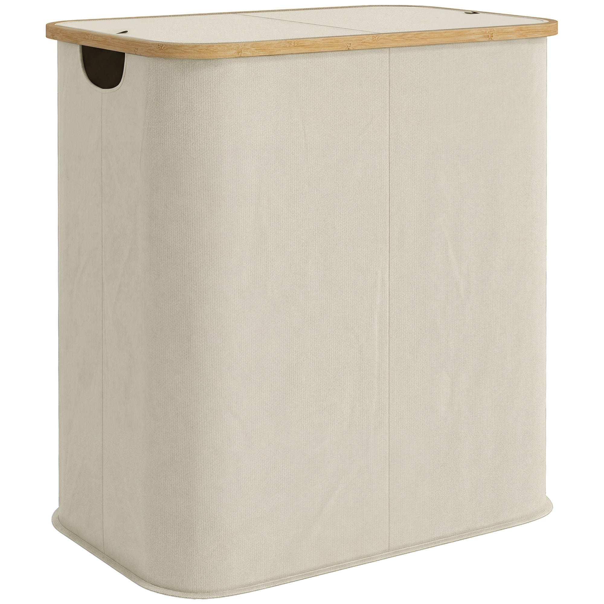 Panier à linge double pliable 80L - corbeille à linge sale avec couvercle et poignées - bambou non tissé beige