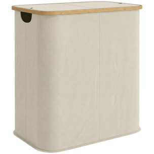 Panier à linge double pliable 80L - corbeille à linge sale avec couvercle et poignées - bambou non tissé beige