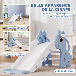 Toboggan enfant design girafon - panier de basket-ball intégré - ballon, pompe inclus - plastique bleu blanc