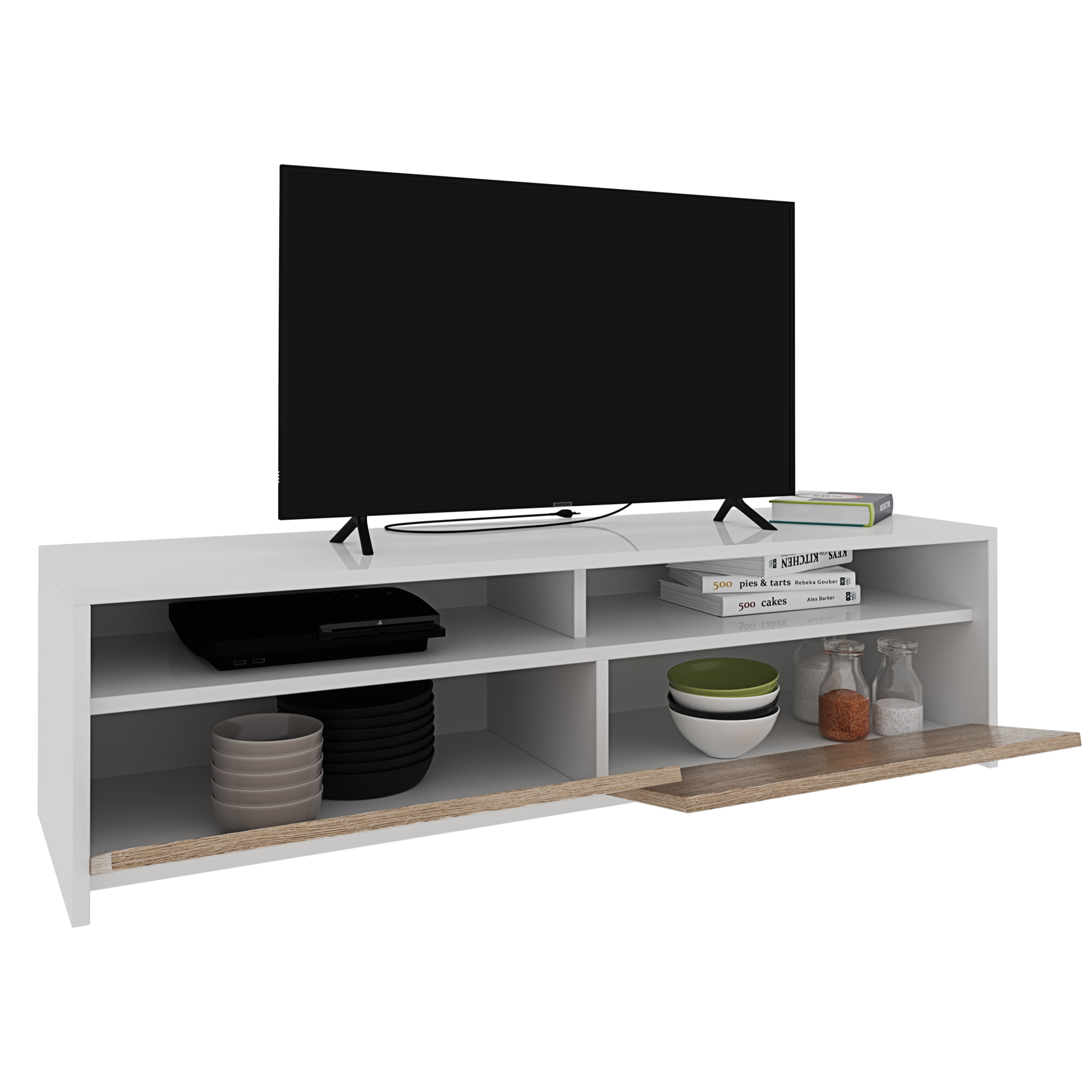 Mobile Porta TV Moderno Parete Attrezzata Con 2 Ante E 2 Vani A Giorno Mobiletto Salvaspazio Da Terra Per Televisione 130 x 40 x 35 Cm Bianco E Rovere