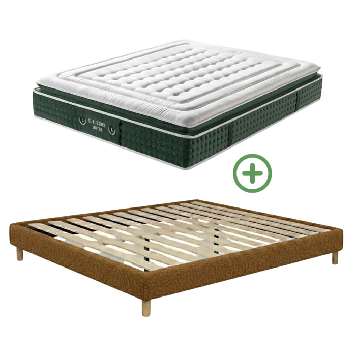 Ensemble matelas Jade & sommier Cancun | Mémoire de forme et ressorts ensachés | Cadre à lattes | Bouclette | Camel