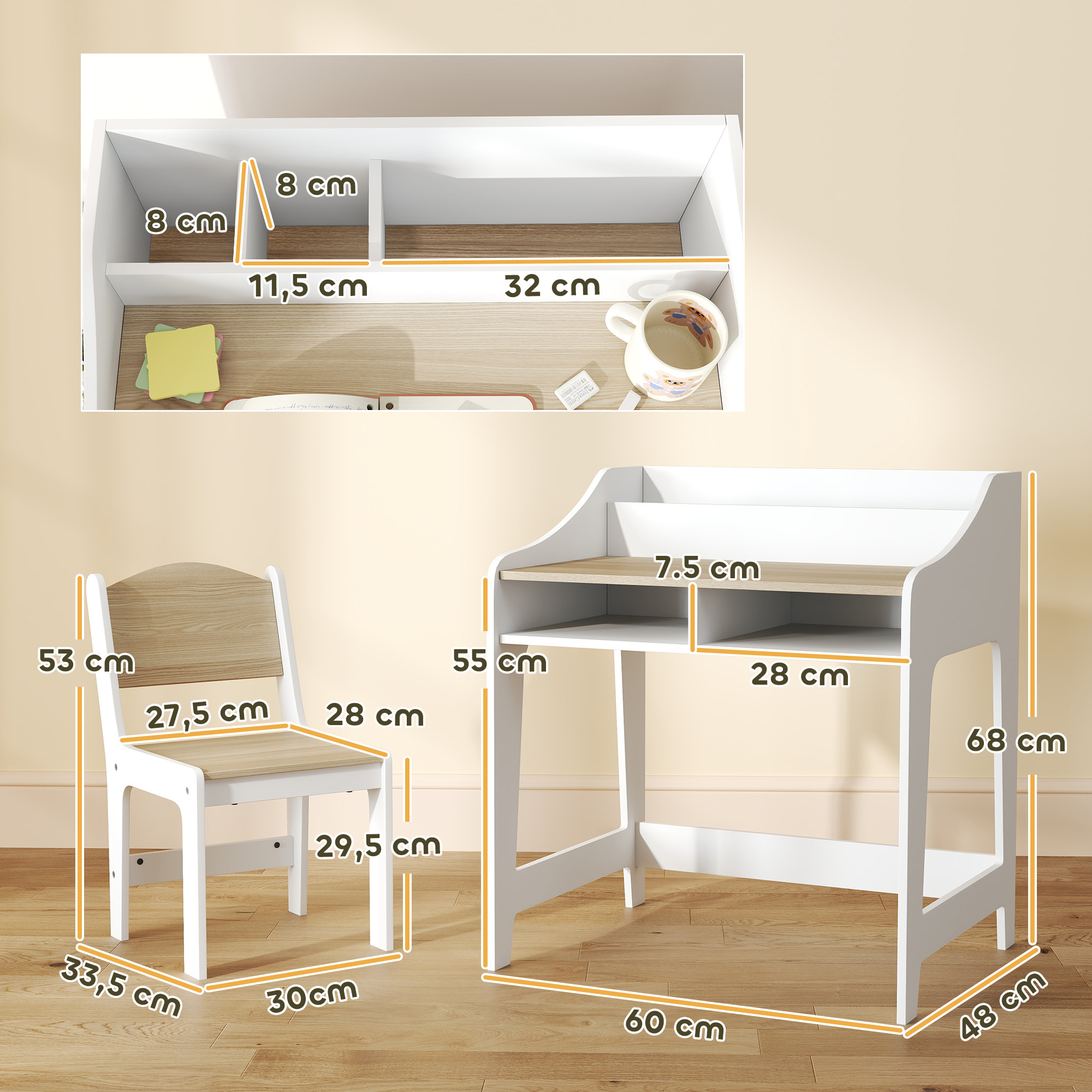 Ensemble bureau et chaise enfant 3-8 ans - 5 compartiments de rangement - blanc effet bois naturel
