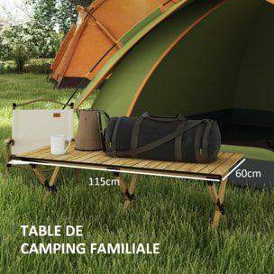 Table de camping pique-nique pliable - plateau enroulable - acier alu aspect bois naturel