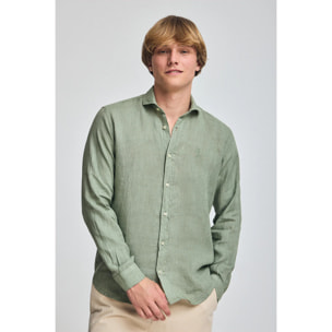 Camisa verde militar de lino garment dye con bordado Rigby Best