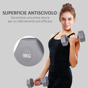 SPORTNOW Set 2 Manubri Esagonali da 9 kg in Metallo e Plastica con Impugnatura Antiscivolo, 25x11x11cm, Grigio