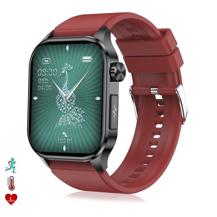 DAM Smartwatch ET580. ECG con banda para pecho, glucosa en sangre, ácido úrico y lípidos, IMC grasa corporal, temperatura, O2 y tensión. 5,3x1,1x4 Cm. Color: Rojo