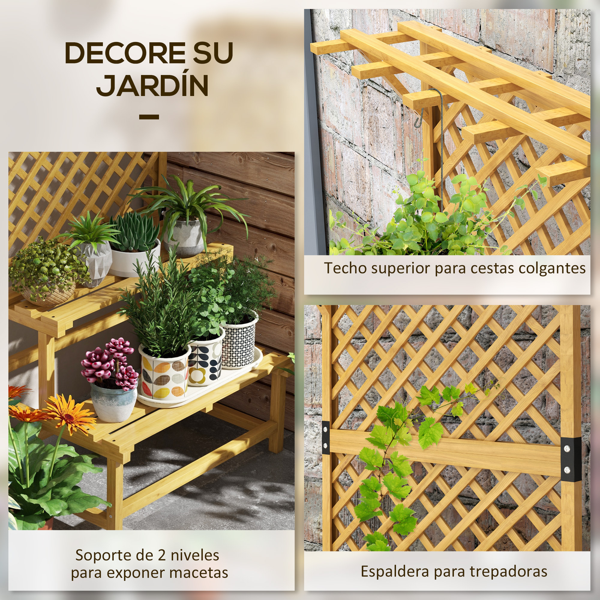 Outsunny Estantería para Plantas de Madera Soporte para Macetas de 2 Niveles con Enrejado para Jardín Patio Terraza Balcón 75x50x166 cm Natural