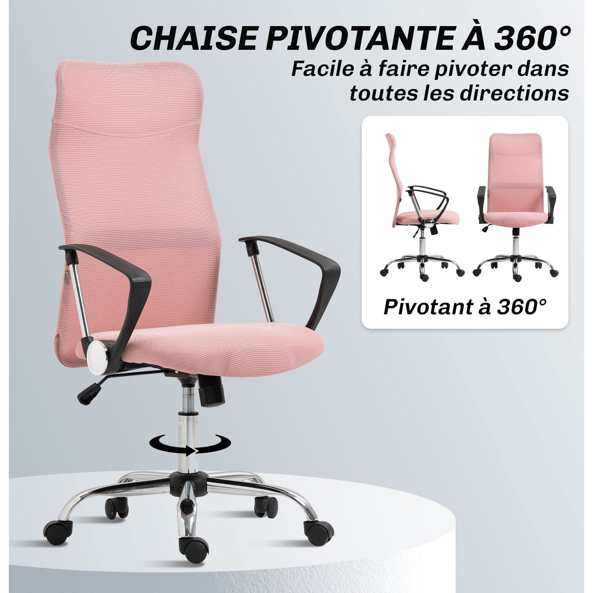 Fauteuil de bureau manager design réglable piètement acier chromé accoudoirs noir maille rose