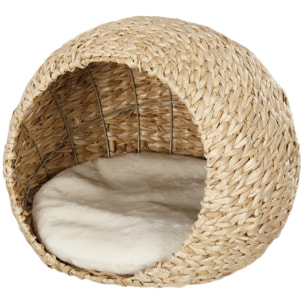 Panier chat style cosy chic quenouille naturelle tressée avec coussin crème