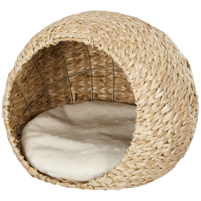 Panier chat style cosy chic quenouille naturelle tressée avec coussin crème