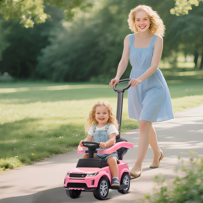 Coche Correpasillos 2 en 1 para Niños de 18-36 Meses LAND ROVER DISCOVERY, Correpasillos con Espacio de Almacenaje, Bocina, Volante, Mango de Empuje y Barandilla Extraíbles, Rosa