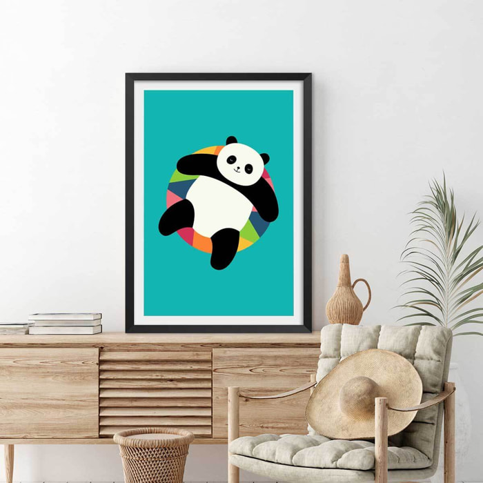 Affiche enfant pool party panda Affiche + cadre en bois - Noir