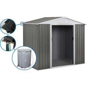 Abri jardin métal "Dallas" - 5,29 m² avec gouttière et récupérateur d'eau - Taupe