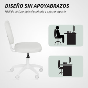 Silla de Escritorio Tapizada en PU Silla de Oficina Giratoria con Altura Ajustable sin Brazos Carga 120 kg para Estudio Dormitorio 46x59x82-92 cm Blanco