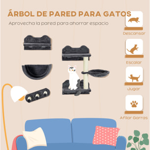 Estante de Escalada para Gatos de Pared Juego de Estantes para Gatos 4 Piezas con Hamaca Nido Rascador Plataformas para Saltar y Poste de Sisal Gris Oscuro
