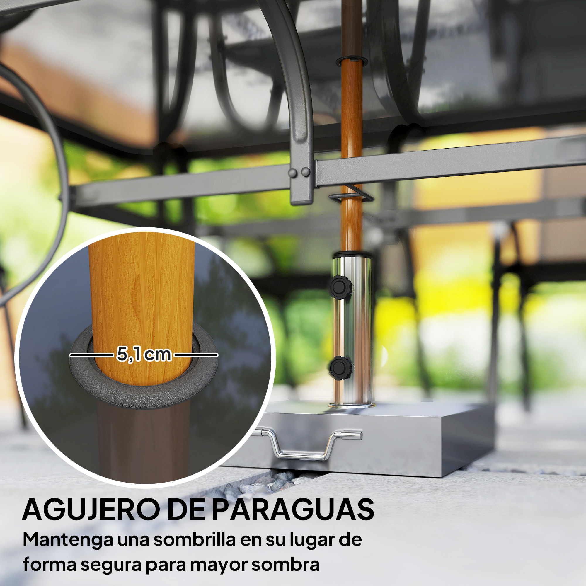 Conjunto de Mesa y Sillas Jardín de 7 Piezas, Muebles de Jardín Exterior con Mesa y 6 Sillas para Terraza con Orificio para Sombrilla y Encimera de Cristal, para Terraza Patio, Gris Oscuro