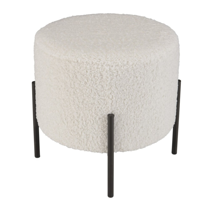 AGATHE - Tabouret rond 40x40cm tissu bouclette blanc pieds métal noir