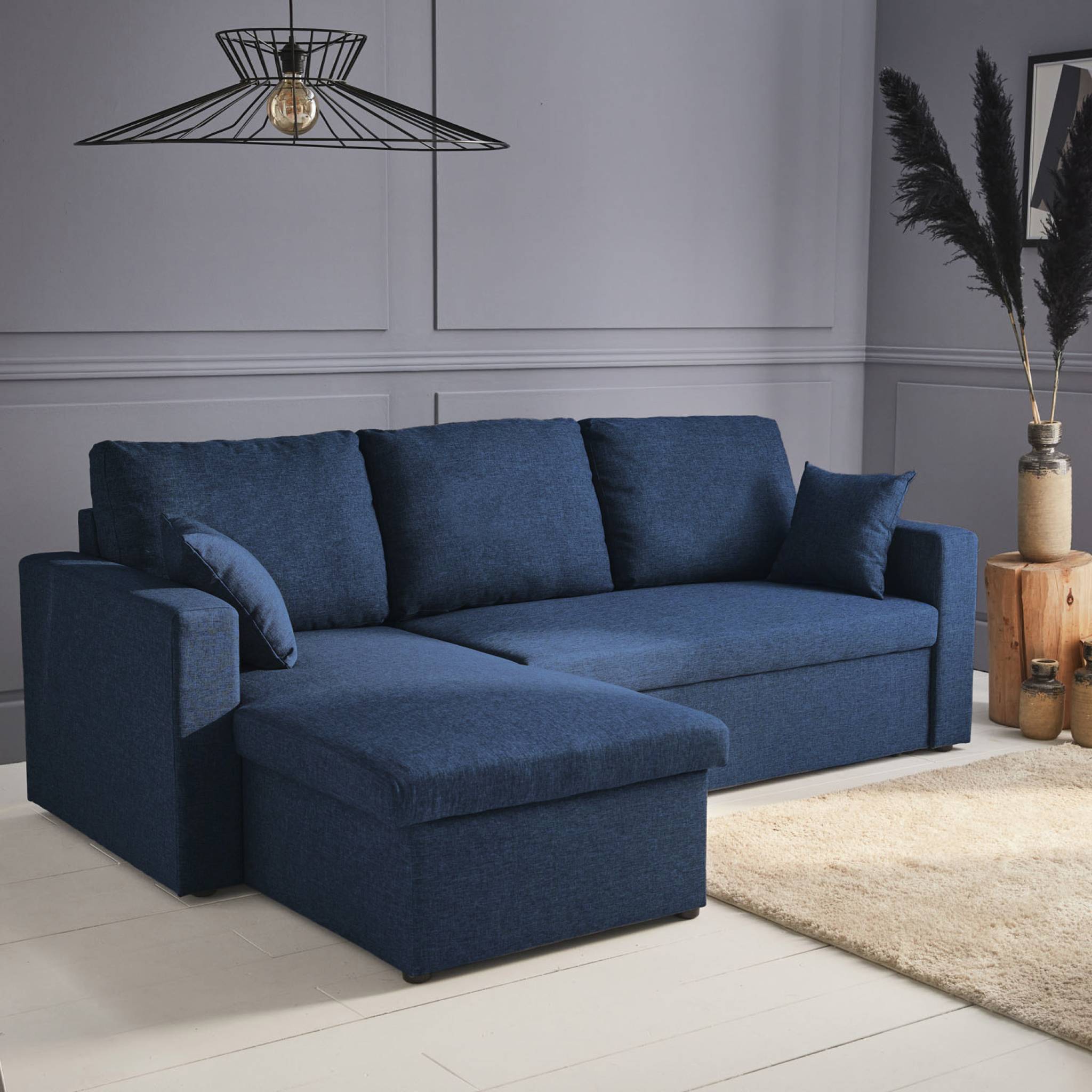 Canapé d'angle convertible en tissu bleu - IDA - 3 places. fauteuil d'angle réversible coffre rangement lit modulable