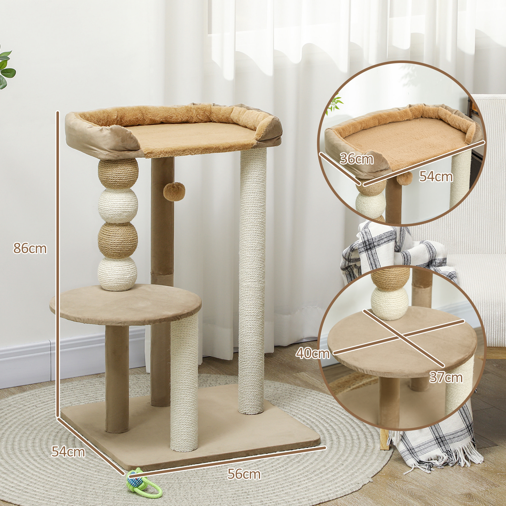 Árbol Rascador para Gatos, Árbol para Gatos 86 cm, Torre Escalador con Cama, Plataforma de Salto, Postes de Yute y Bolas de Juguete, Marrón y Beige
