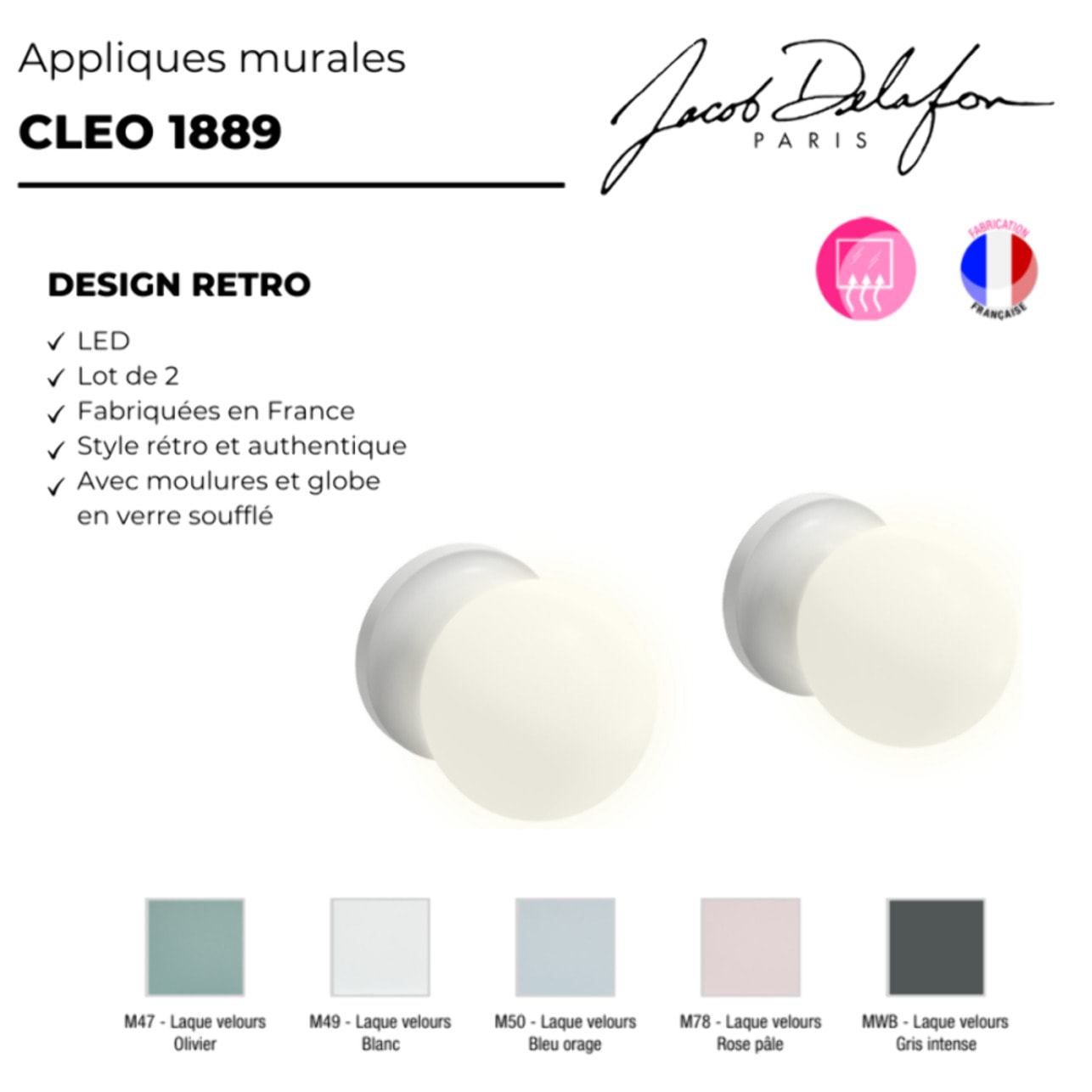 Paire d'appliques murales Cléo 1889 Blanc velours