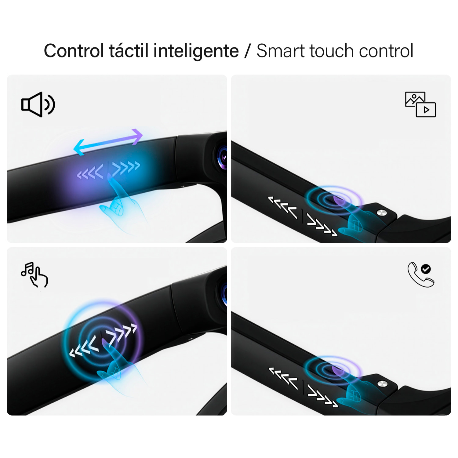 Gafas inteligentes CY03. Con cámara para fotos y videos de 8 MPX, traductor AI en tiempo real y transmisión de video en vivo. Lentes oscuras y transparentes.
