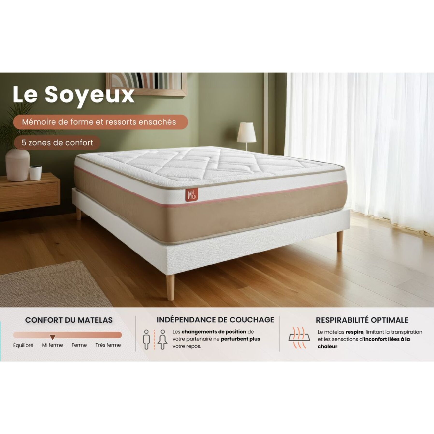 Ensemble - Matelas Ressorts ensachés et mémoire de forme 24cm d'épaisseur - 5 zones de confort - Confort mi ferme - Sommier tapissier monobloc - 2 places