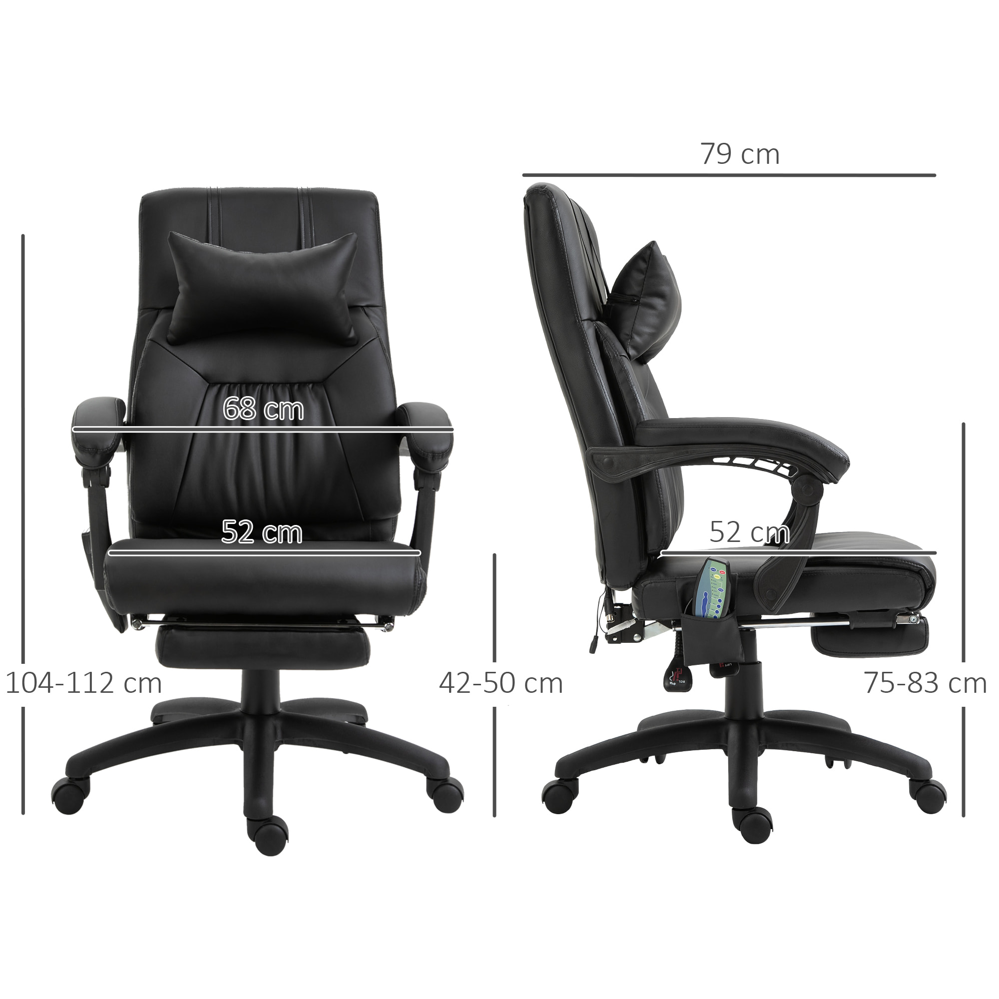 Fauteuil de bureau manager massant hauteur réglable dossier inclinable repose-pied + appui-tête 68 x 79 x 104-112 cm noir