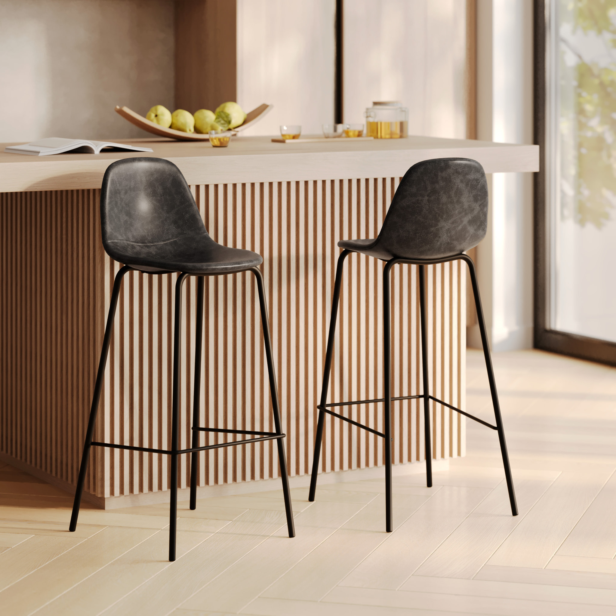 Lot de 2 chaises de bar 75 cm en cuir synthétique gris/noir - Henrik