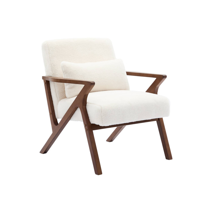 Fauteuil scandinave bois d'hévéa teinté noyer et tissu effet fausse fourrure