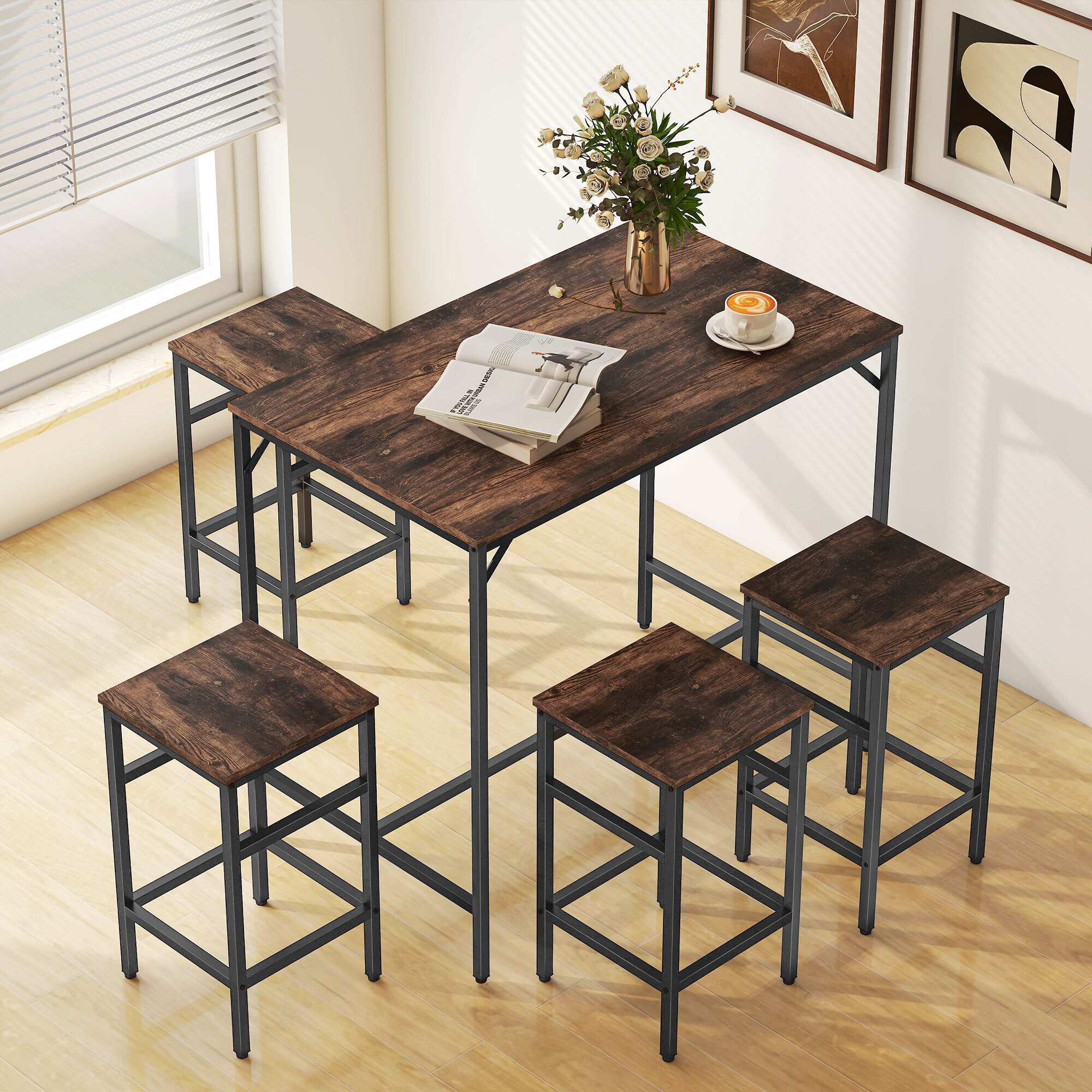 Juego de Mesa y Taburetes de Bar, Mesa Alta de Cocina con 4 Taburetes Industrial, con Reposapiés, Ahorro de Espacio, para Espacios Reducidos, Comedor, Salón, Marrón Rústico