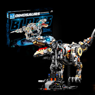 Maqueta 3D mecanizada de Tyrannosaurus Rex con 1268 piezas, equipada con luces y mecanismo de manivela que permite movimiento dinámico.