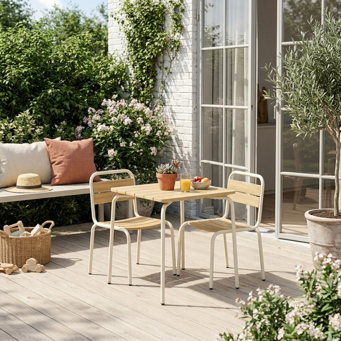 Table de jardin enfant acier et décor bois + 2 assises SUZIE 2 PLACES