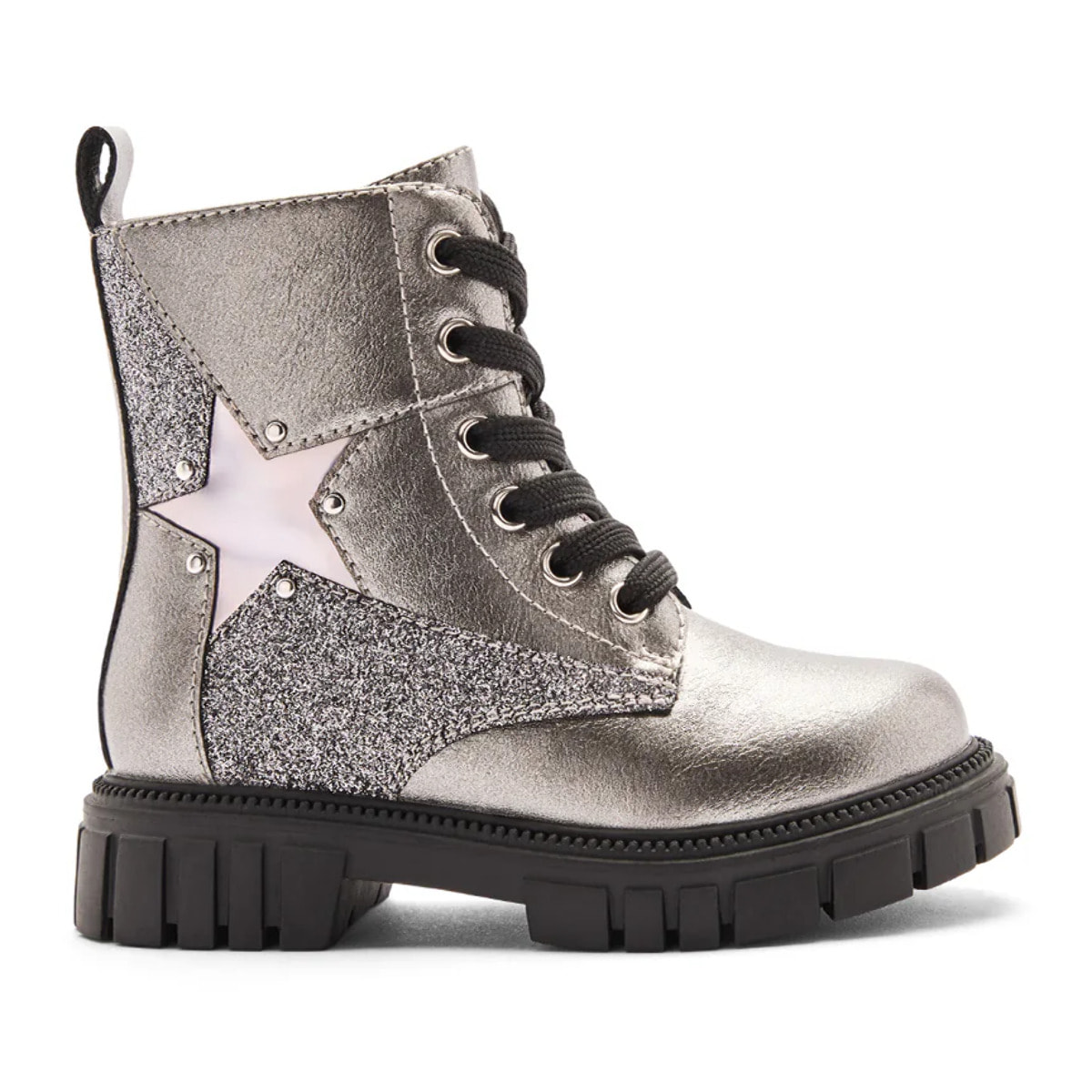 Stivali militari da bambina a metà polpaccio con cerniera interna e stampa a stella