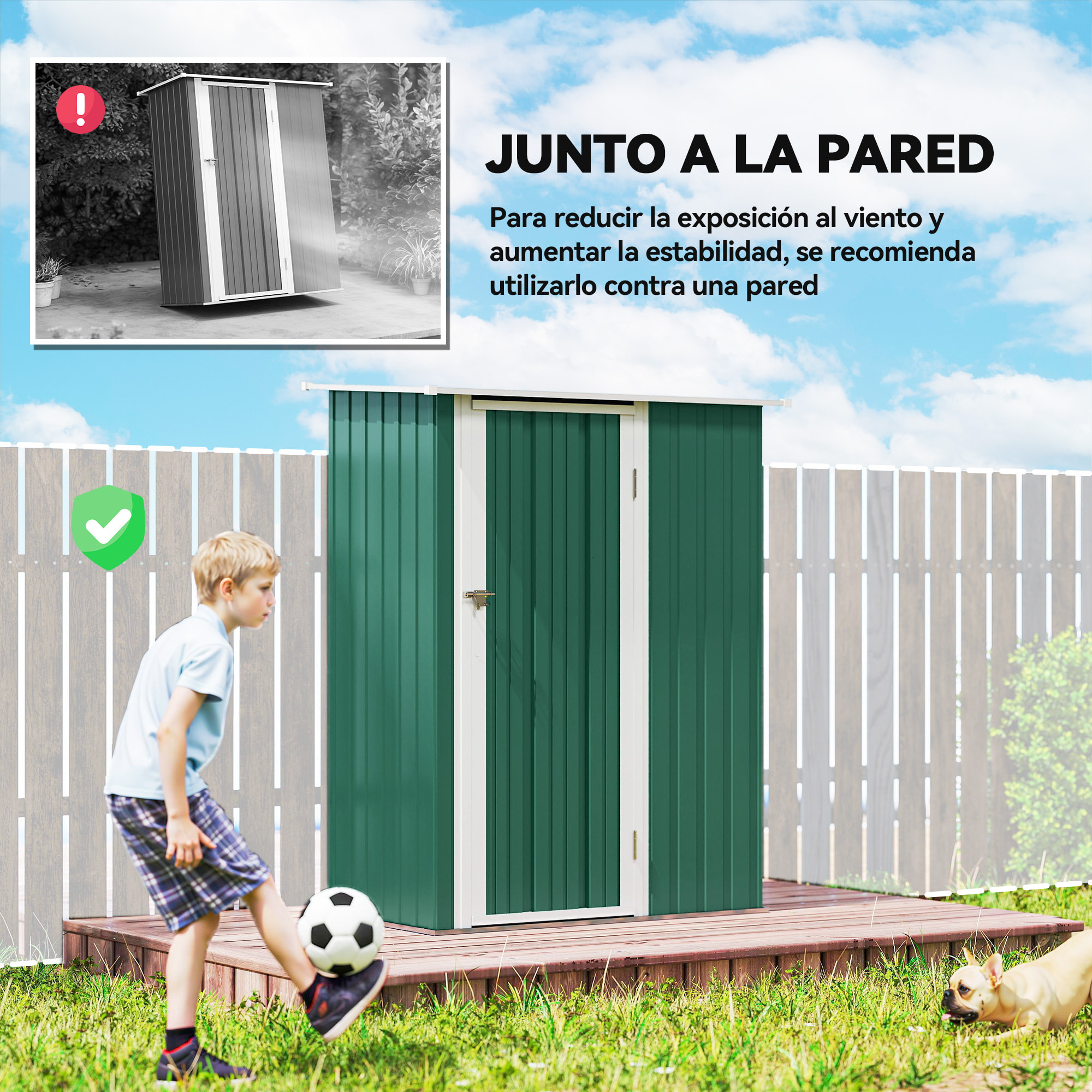 Caseta de Jardín 1,07 m² 142x86x189 cm Cobertizo Exterior Metálico con Puerta Cerradura y Orificios de Drenaje para Almacenamiento de Herramientas Verde
