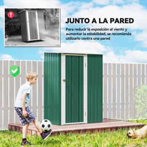 Caseta de Jardín 1,07 m² 142x86x189 cm Cobertizo Exterior Metálico con Puerta Cerradura y Orificios de Drenaje para Almacenamiento de Herramientas Verde
