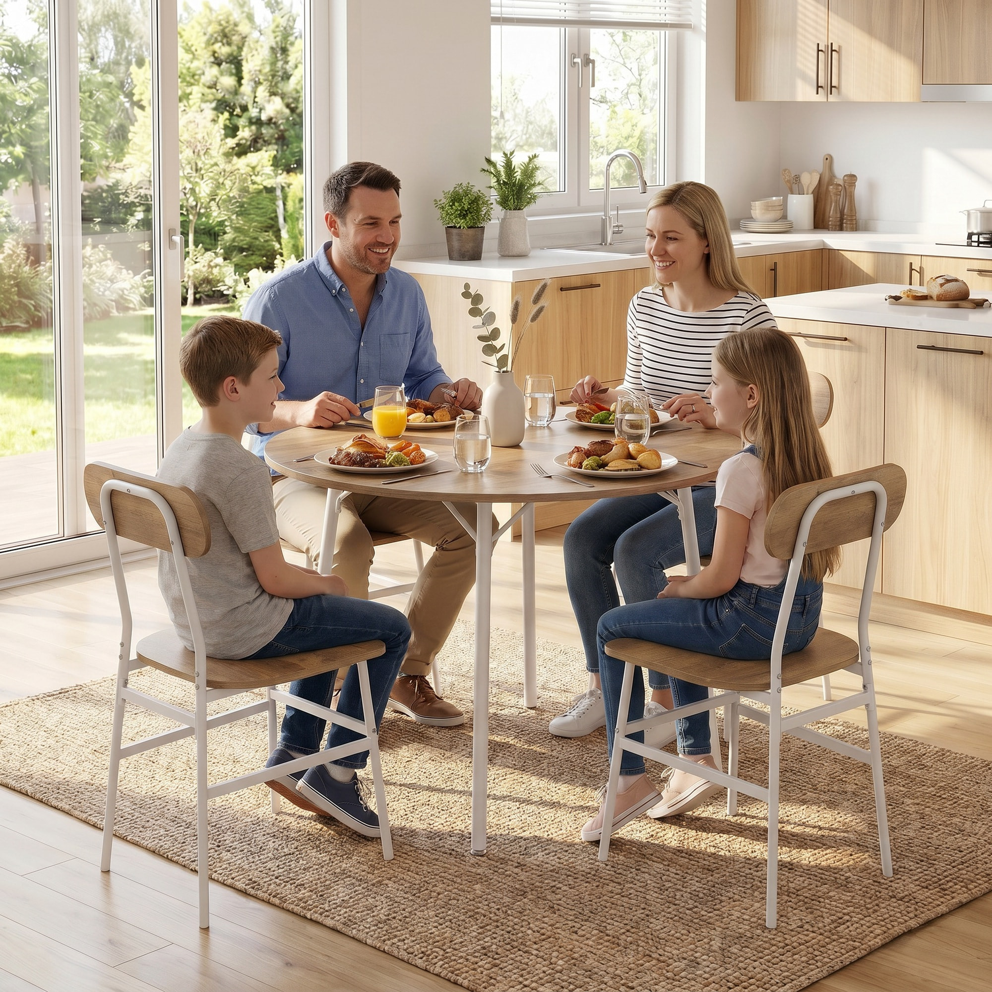 Juego de Mesa y Sillas de Comedor Compact 5 Piezas, Mesa de Cocina Redonda con 4 Sillas, Estilo Industrial, Marco Metálico, para Espacios Pequeños, Salón, Mesa Ø100x77 cm, Natural y Blanco