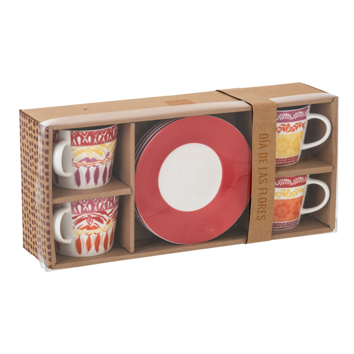 J-Line Tasse + Sous-tasse - céralique - violet/rouge - large - set de 4