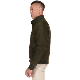 Giacca bomber in pelle camoscio verde con bottoni e tasconi