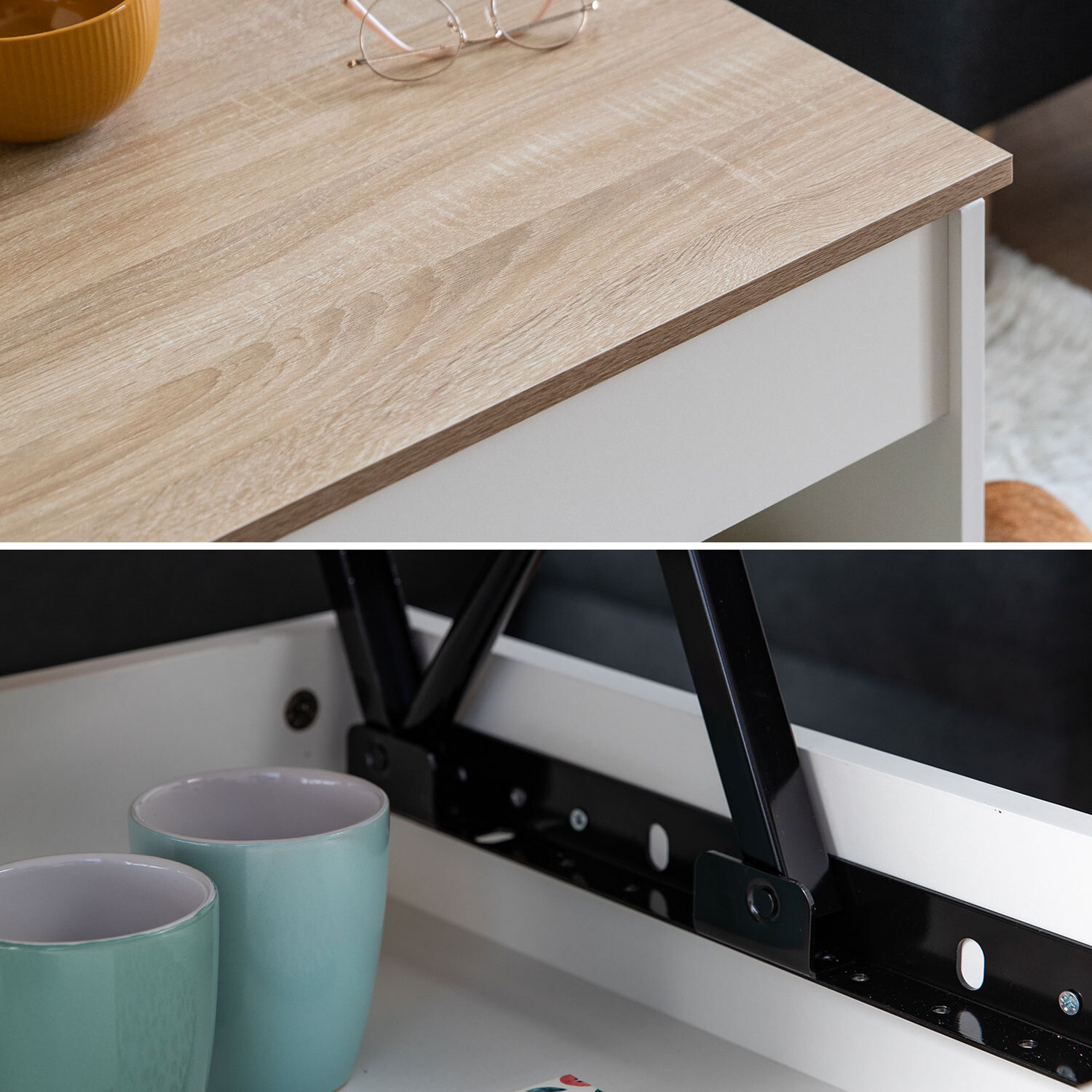 Table basse avec plateau relevable blanche et bois HEDDA