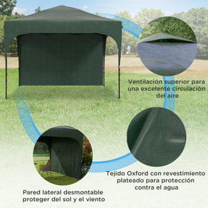 Carpa Plegable 3x3 m Altura Ajustable Cenador de Jardín con Lateral Desmontable Techo de Ventilación 4 Sacos de Arena y Bolsa de Transporte para Camping Fiestas Verde